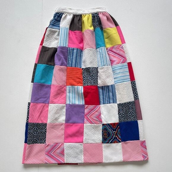 Vintage 1970's Checkered Quilted Patchwork Maxi Skirt Sz 27"w Polyester Cottage - Picture 2 of 9